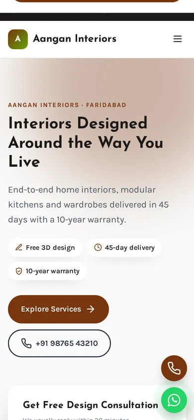 Aangan Interiors template mobile preview