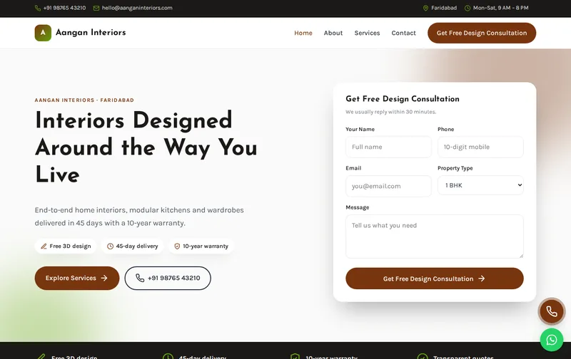 Aangan Interiors website template preview