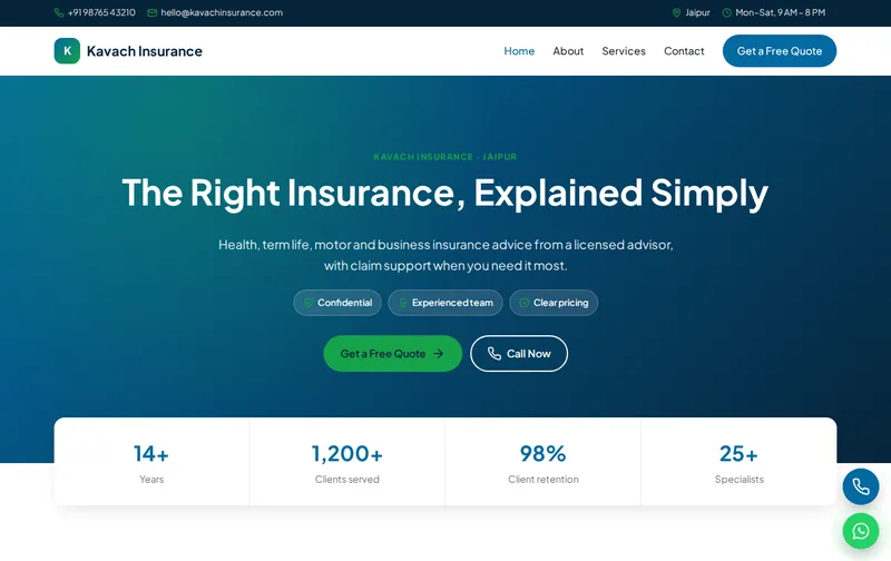 Kavach Insurance website template preview