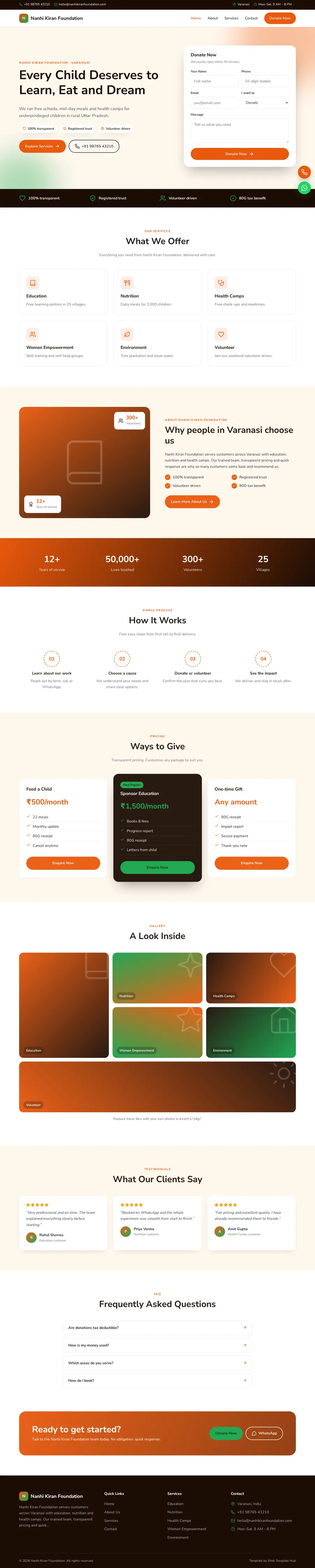 Nanhi Kiran Foundation template full homepage preview